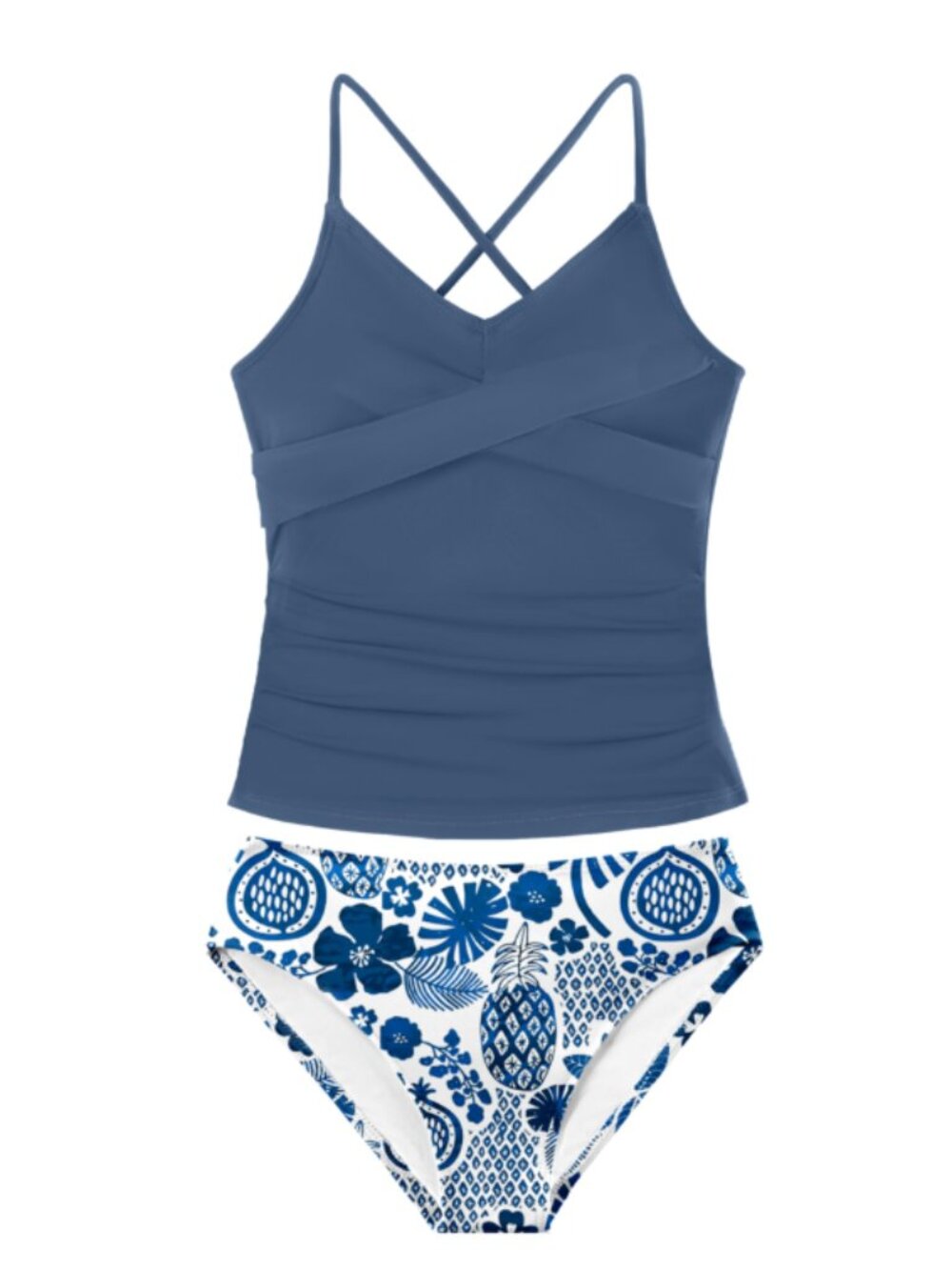Girls Tankini Swimsuit - Blue, Tropical Print Bottom (11-12 Years)